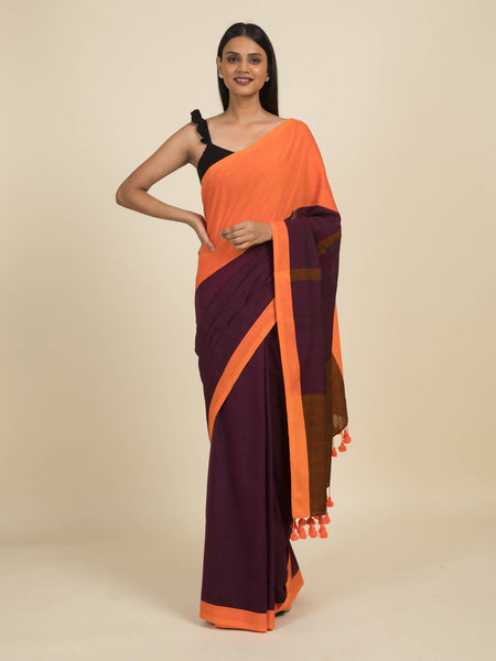 Suta Purple Orange Colourblocked Pure Cotton Saree