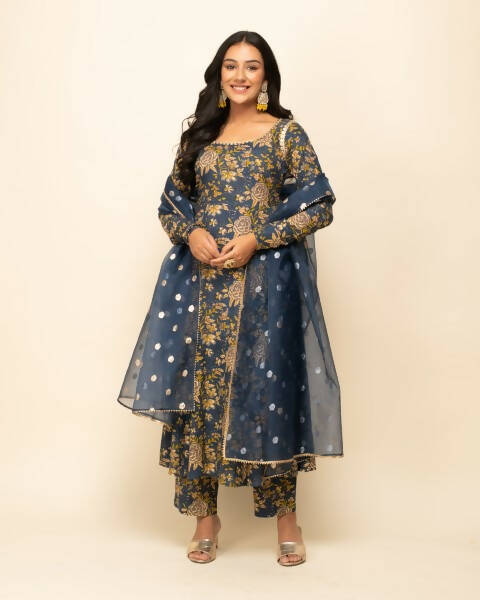 FIORRA Women's Navy Blue Cotton A-Line Kurta Pant With Dupatta