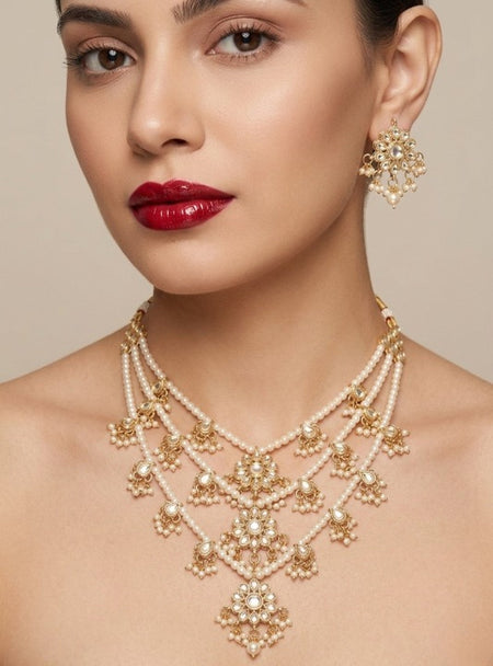 Jewel City Traditional Kundan & Pearl Layered Necklace Set - Handcrafted Ethnic Jewellery for Weddings