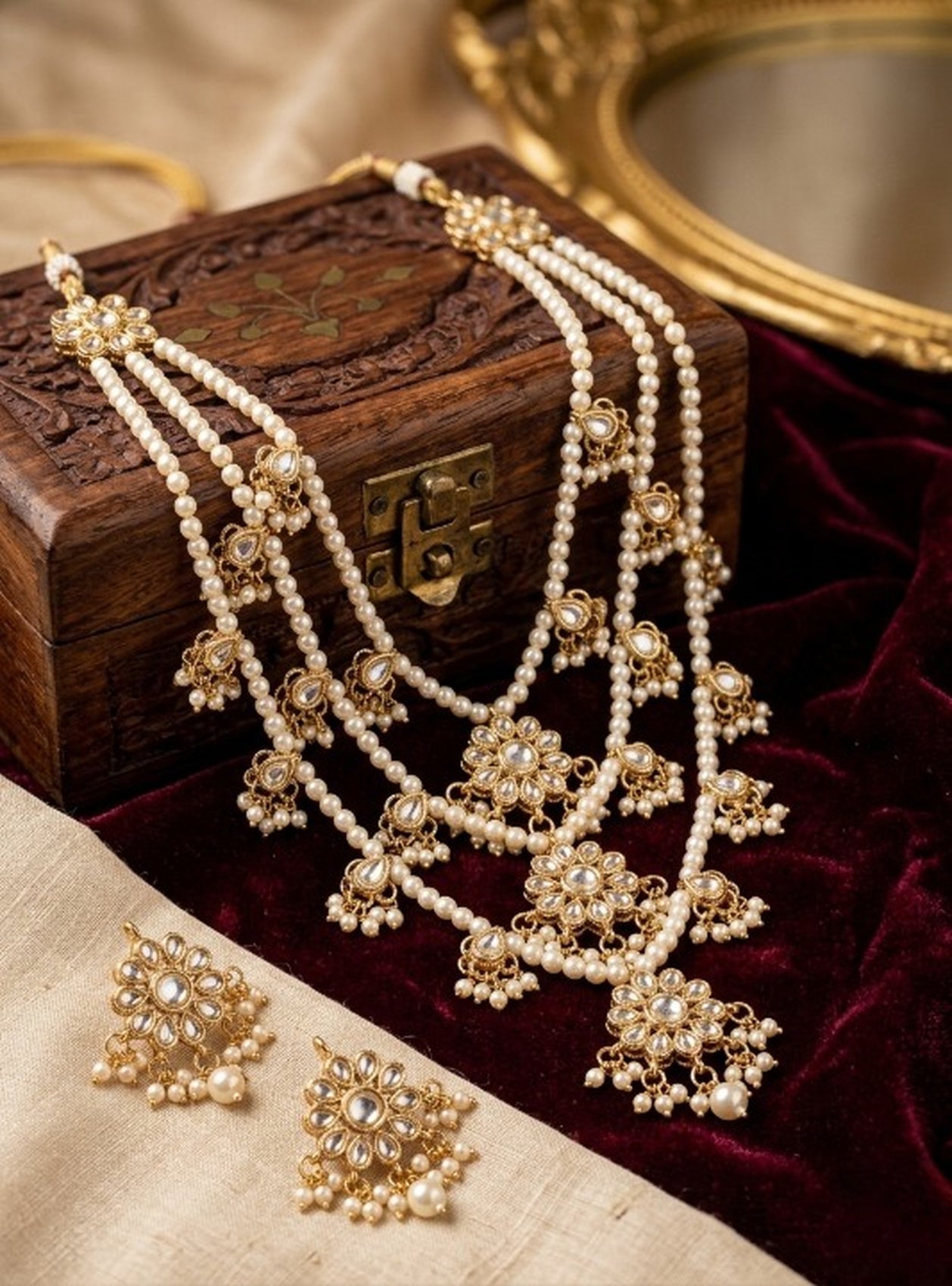 Jewel City Traditional Kundan & Pearl Layered Necklace Set - Handcrafted Ethnic Jewellery for Weddings - Distacart