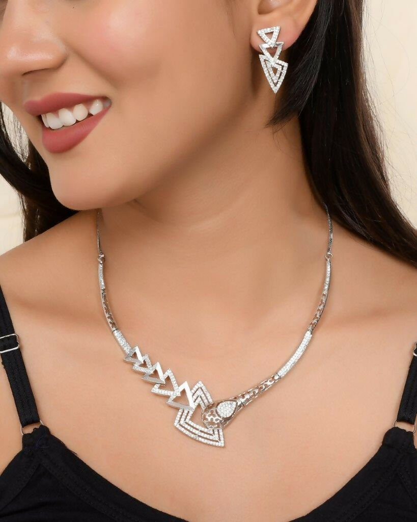 VOJ Silver Plated AD Studded Designer Handcrafted Jewellery Set