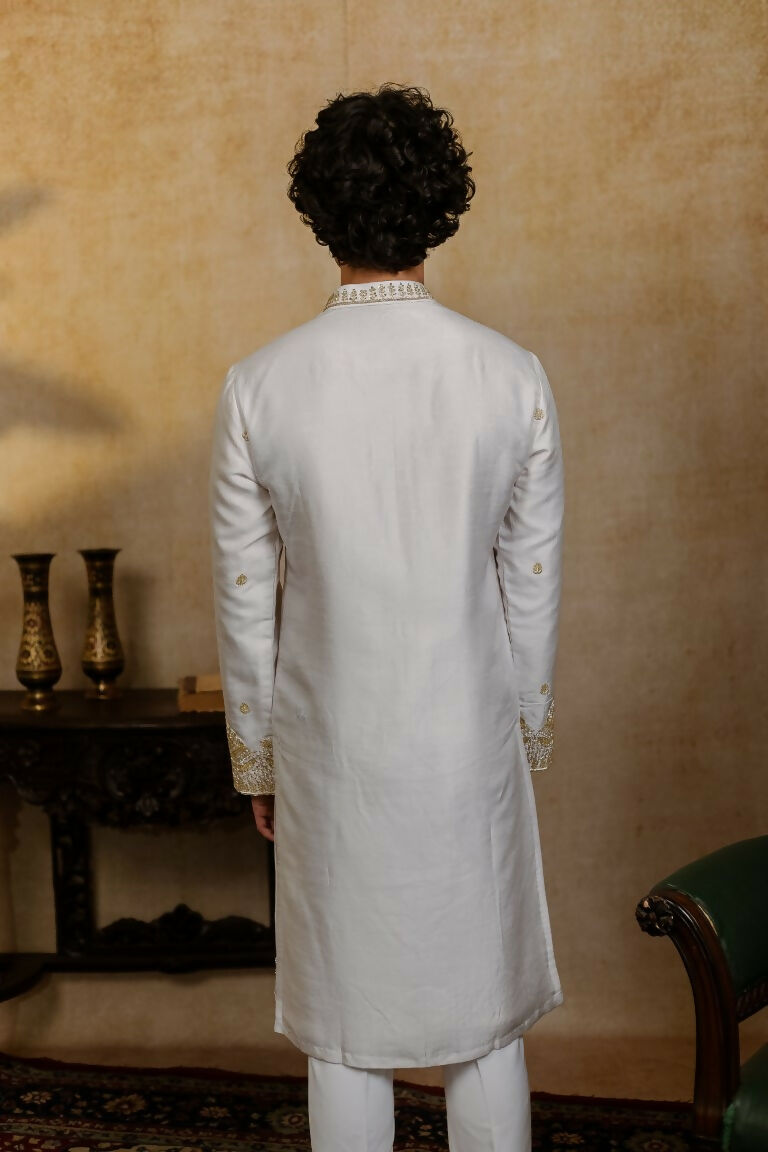 Falling Raw Silk White Mandala Kurta Set By Hilo Design