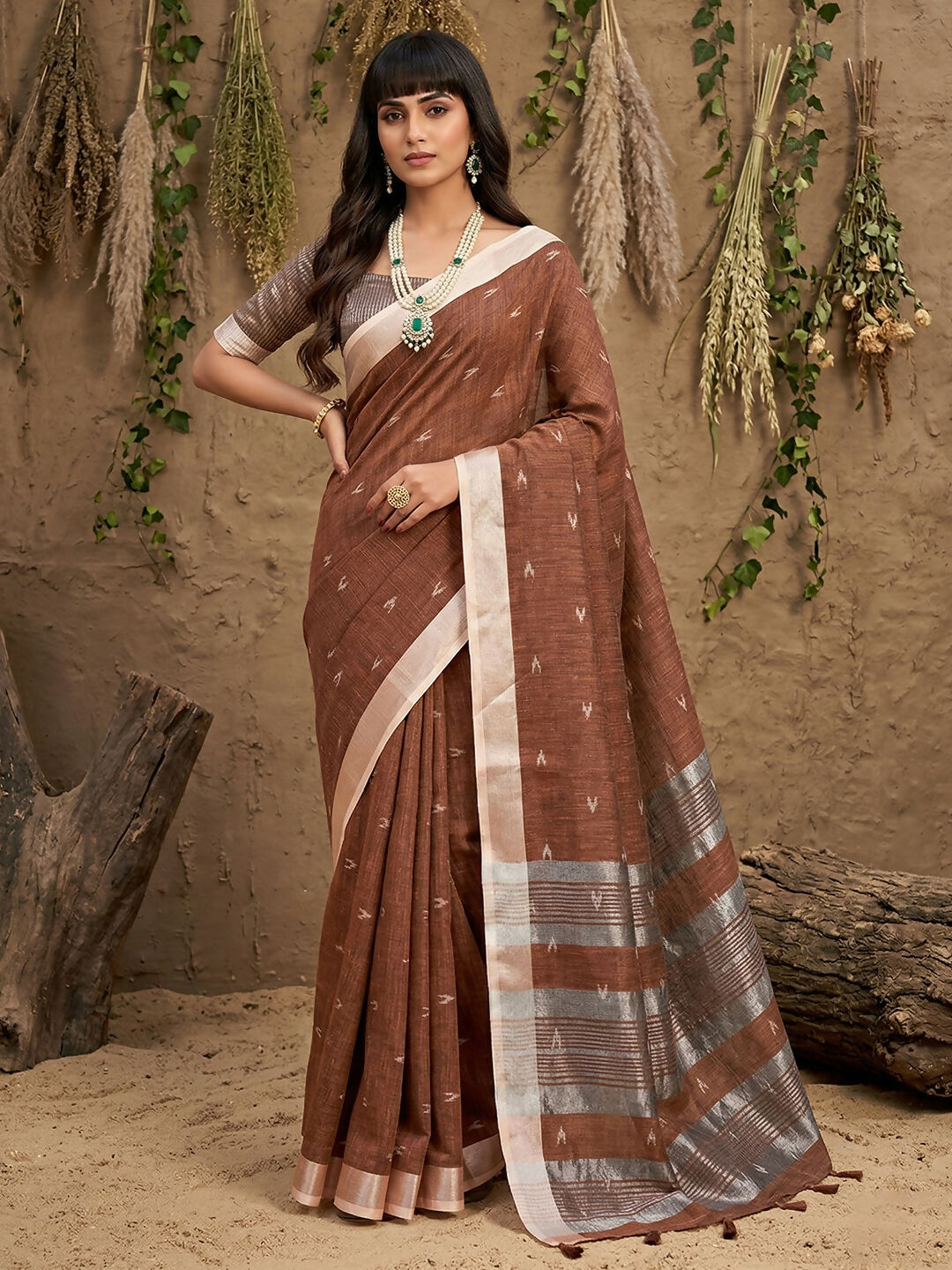 Shree Shyam Fashion Brown Linen Cotton Saree - Distacart