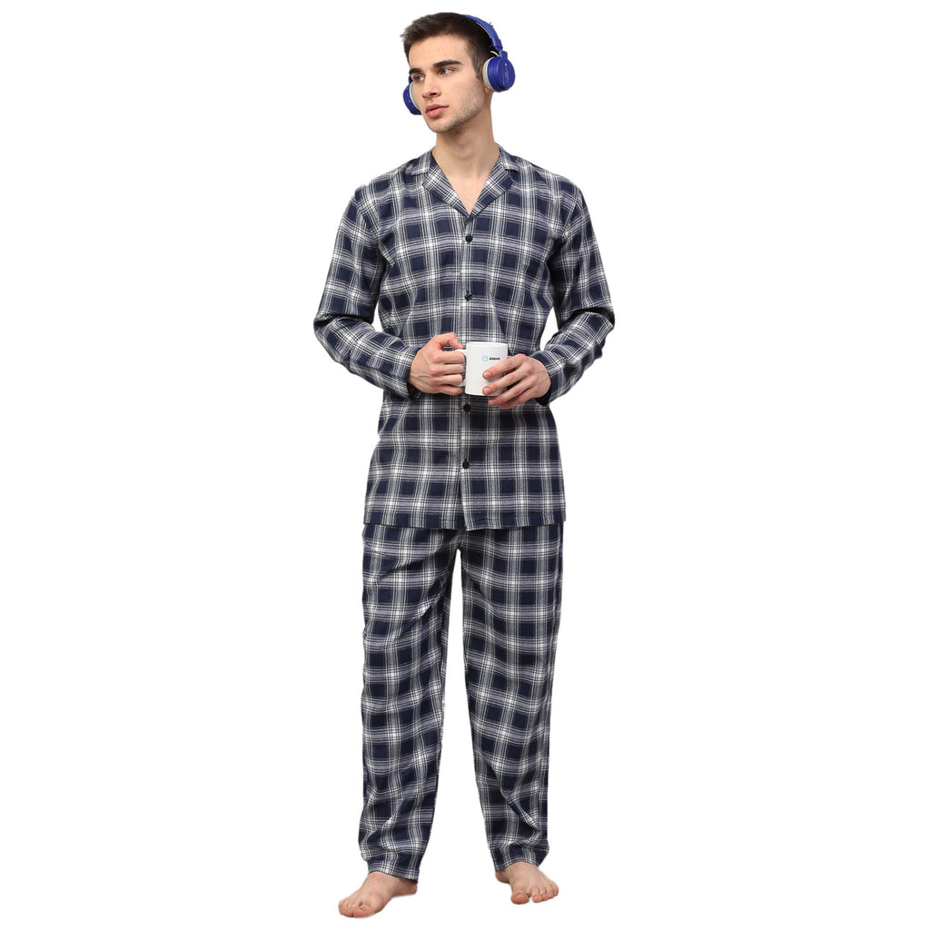 Jainish Men's Navy Blue Checked Night Suits ( GNS 001Navy-White ) - Distacart