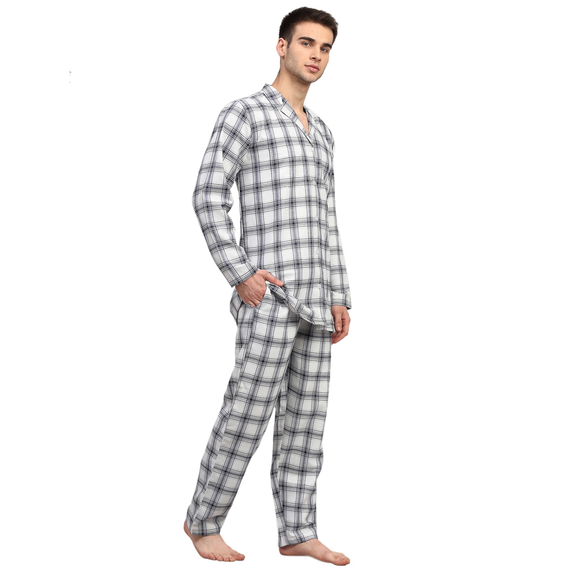 Jainish Men's White Checked Night Suits ( GNS 001White ) - Distacart