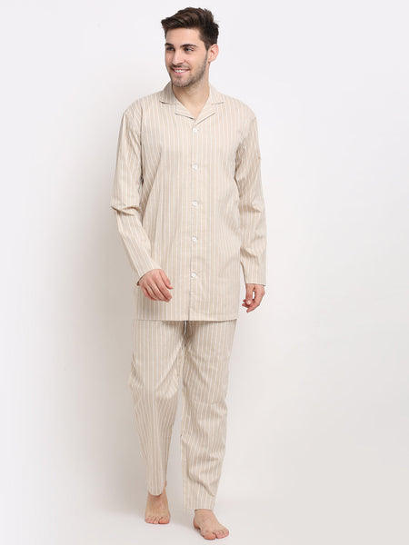 Jainish Men's Cream Cotton Striped Night Suits ( GNS 002Cream )