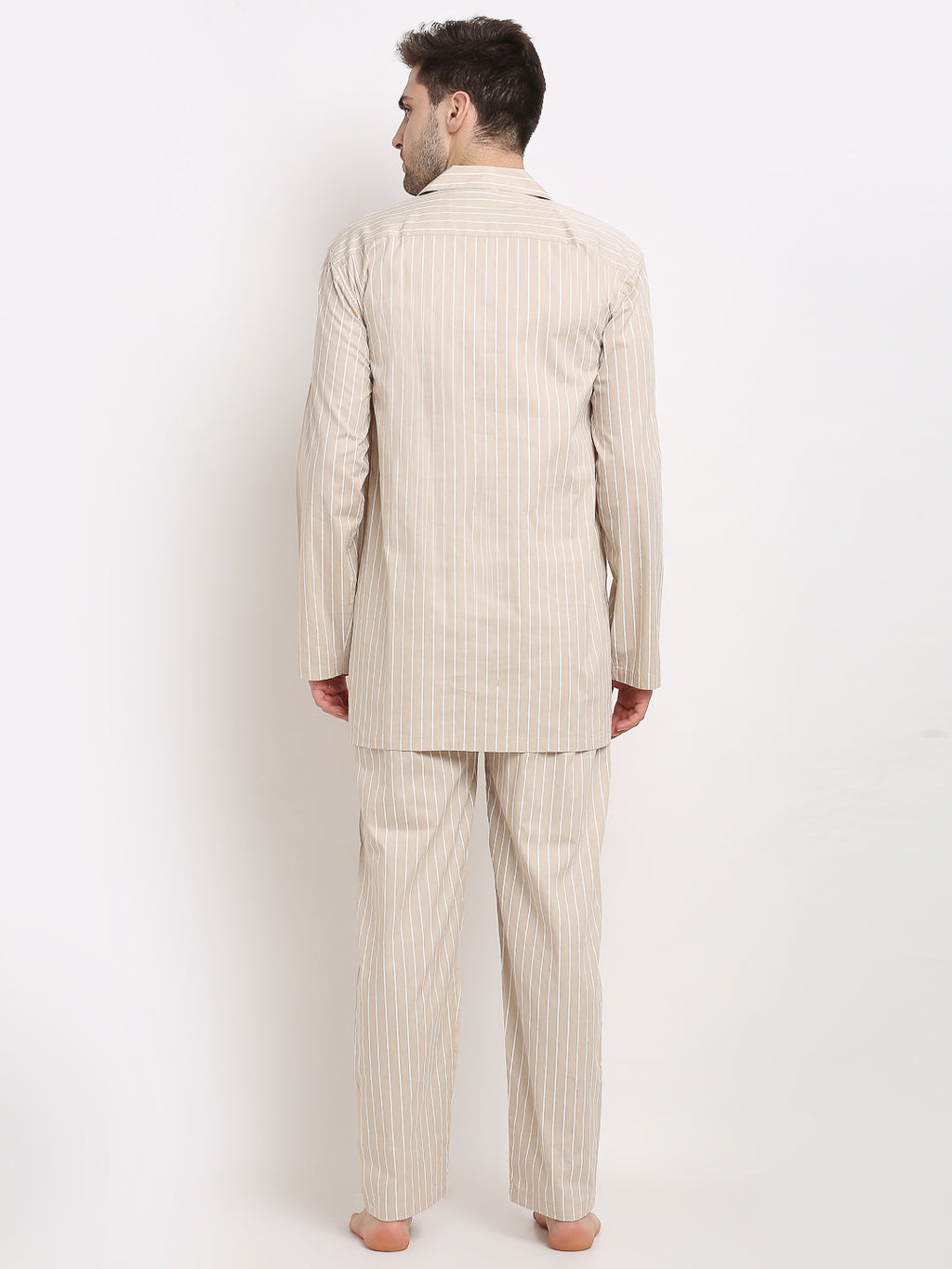 Jainish Men's Cream Cotton Striped Night Suits ( GNS 002Cream ) - Distacart