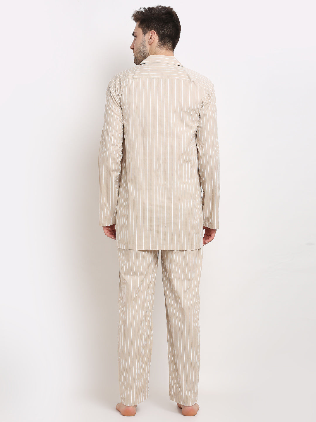 Jainish Men's Cream Cotton Striped Night Suits ( GNS 002Cream ) - Distacart