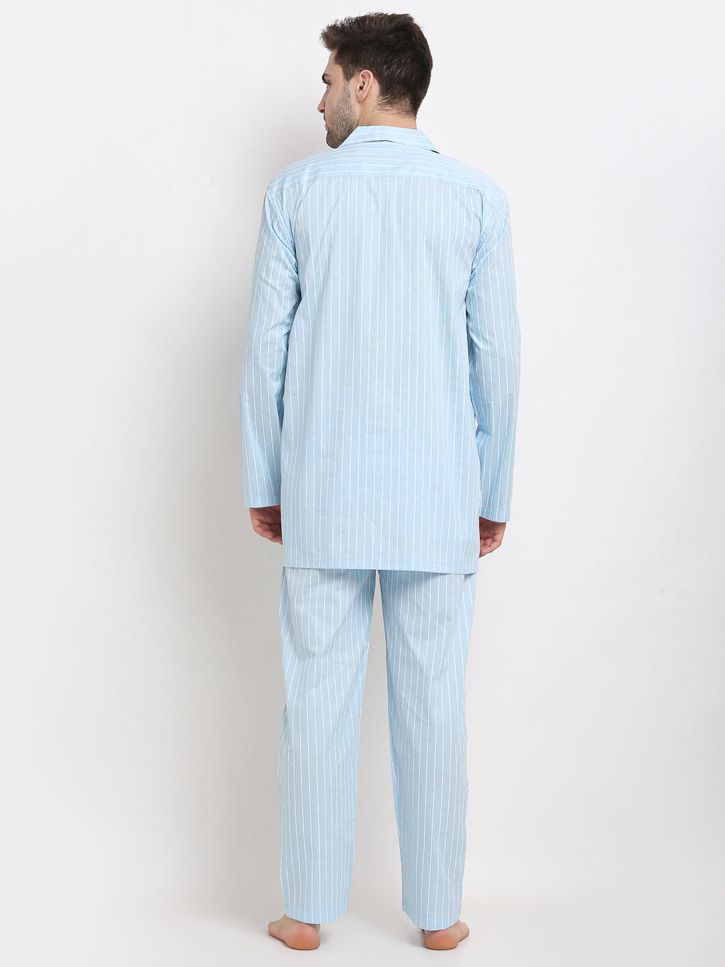 Jainish Men's Sky Cotton Striped Night Suits ( GNS 002Sky ) - Distacart
