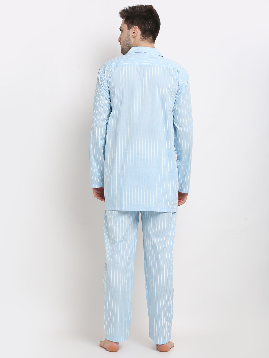 Jainish Men's Sky Cotton Striped Night Suits ( GNS 002Sky ) - Distacart