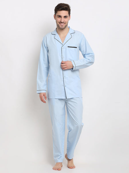 Jainish Men's Sky Cotton Solid Night Suits ( GNS 003Sky )