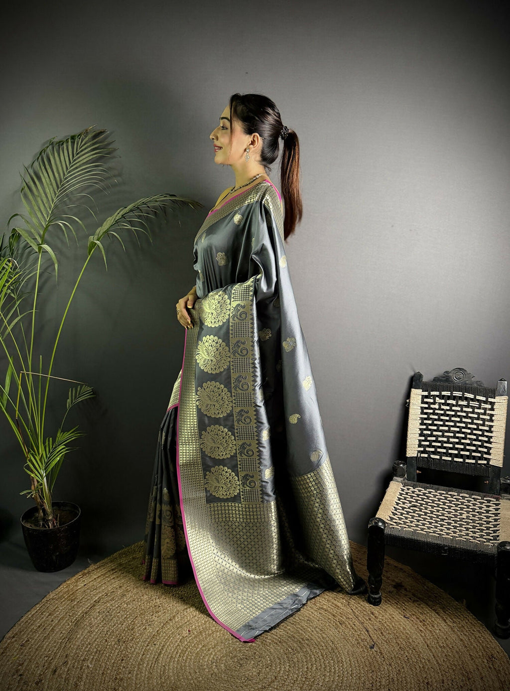 Joban Fashion Dark Grey Banarasi Soft Lichi Silk Paisley Saree - Distacart
