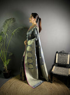 Joban Fashion Dark Grey Banarasi Soft Lichi Silk Paisley Saree - Distacart