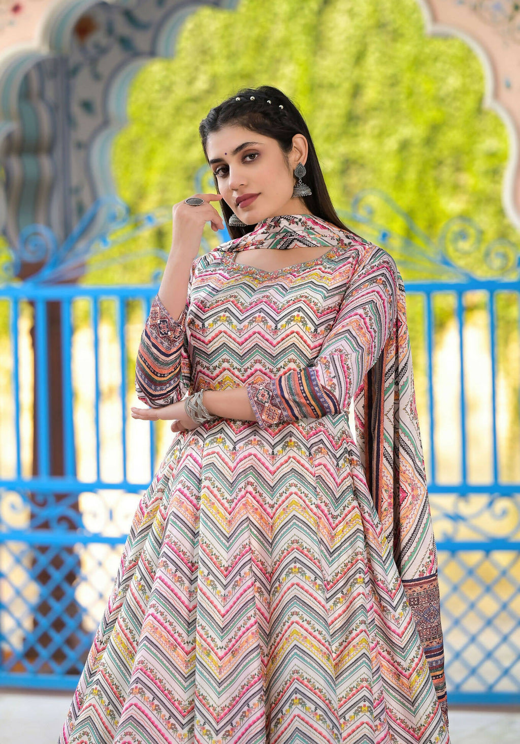 Functional Designer Off White-Muliti Dola Silk Anarkali suit with Dupatta - Ramya