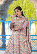 Functional Designer Off White-Muliti Dola Silk Anarkali suit with Dupatta - Ramya