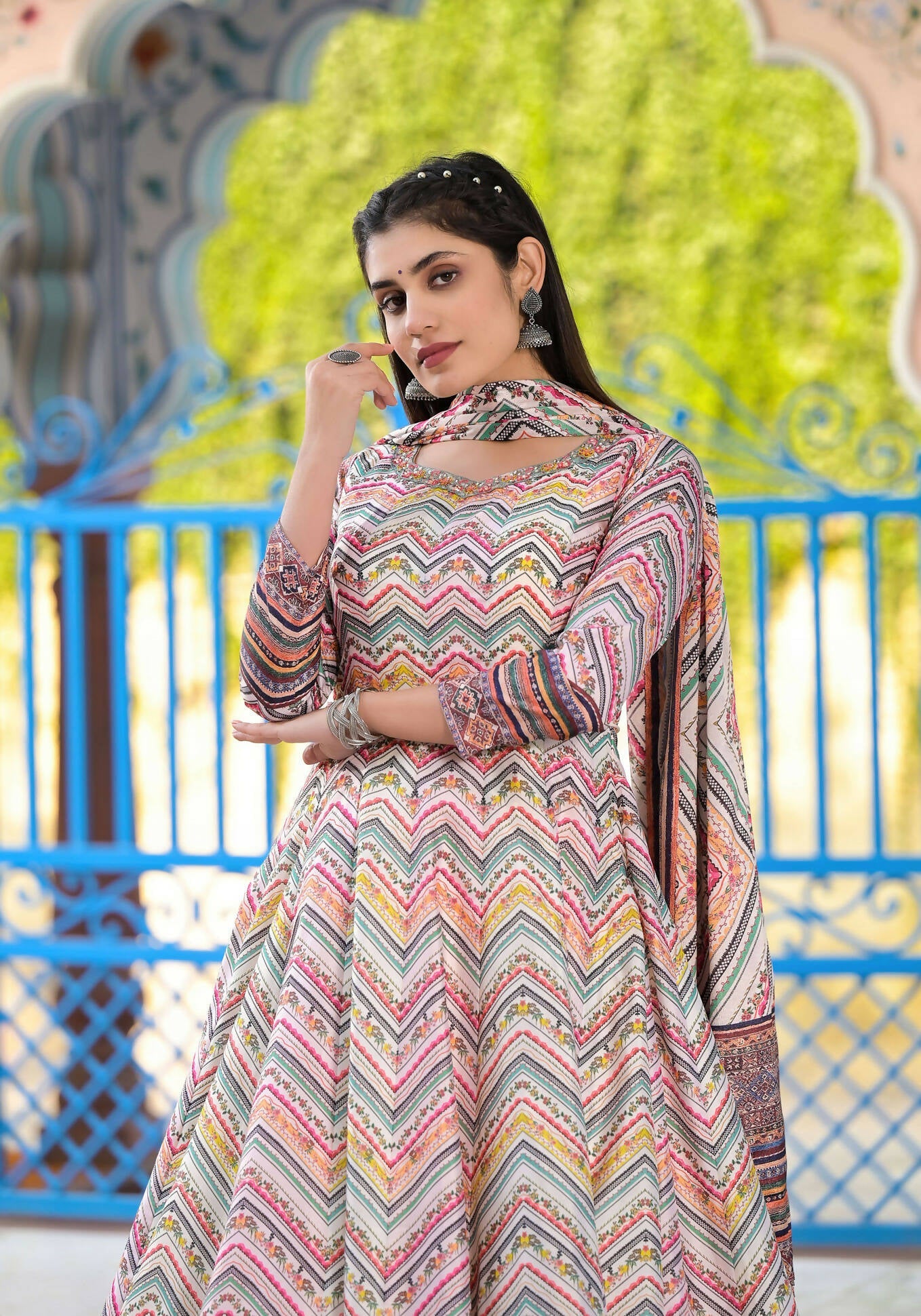 Functional Designer Off White-Muliti Dola Silk Anarkali suit with Dupatta - Ramya