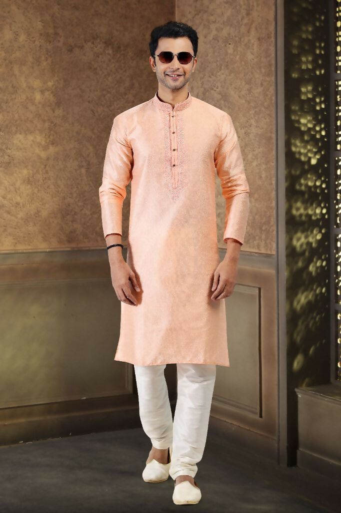 Raivat Ethnic Jacquard Banarasi Silk Thread Work Kurta Pajama In Peach Colour - Distacart