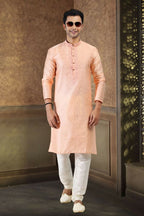 Raivat Ethnic Jacquard Banarasi Silk Thread Work Kurta Pajama In Peach Colour - Distacart