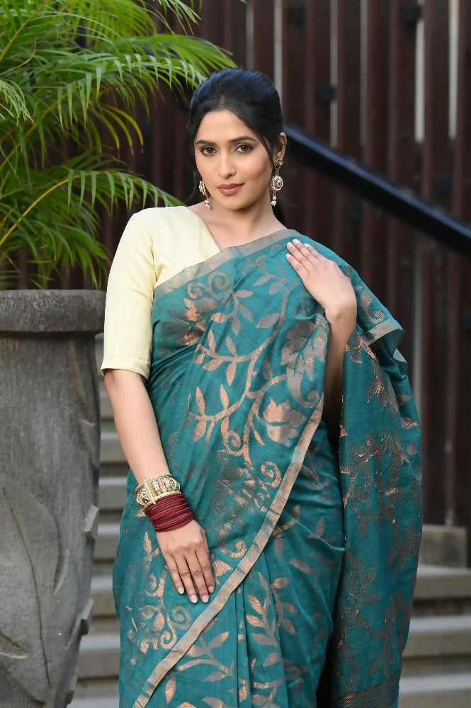 Beatitude Green Cotton Floral Jamdani Saree