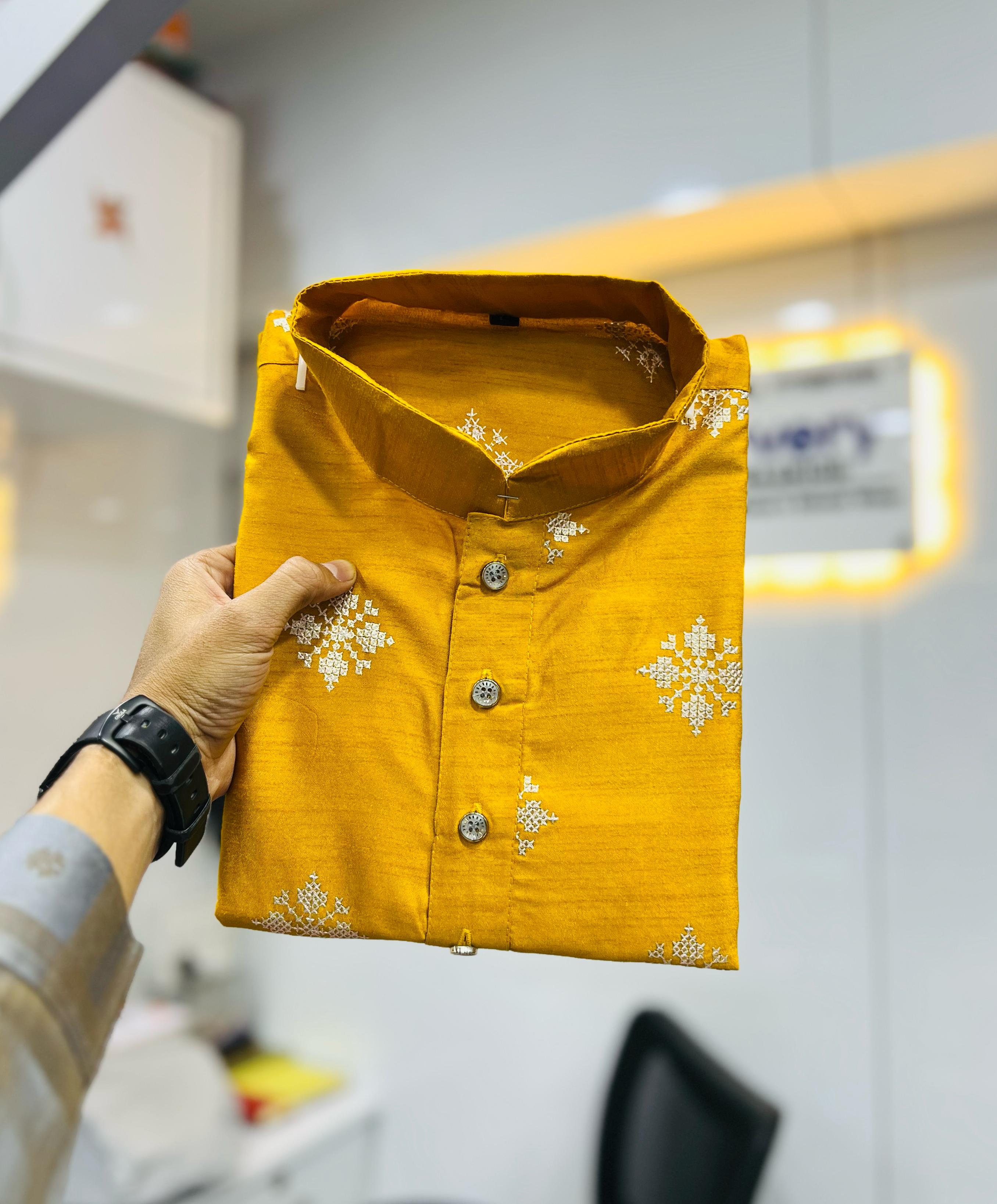 Neera Trendz Mustard Soft Parbon Silk Embroidered Men's Kurta Pyjama