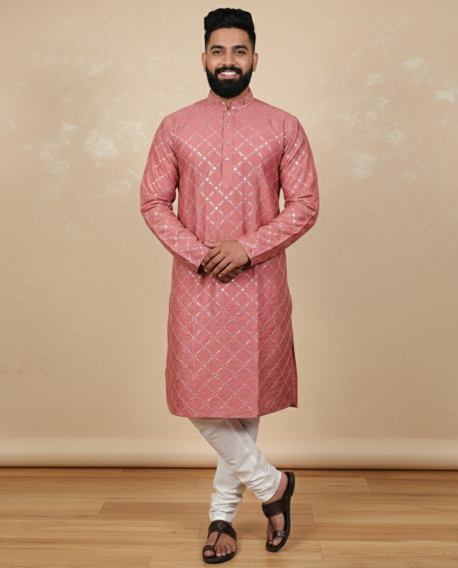 Neera Trendz Pink Heavy Soft Silk Mirror Work Men's Kurta Pyjama