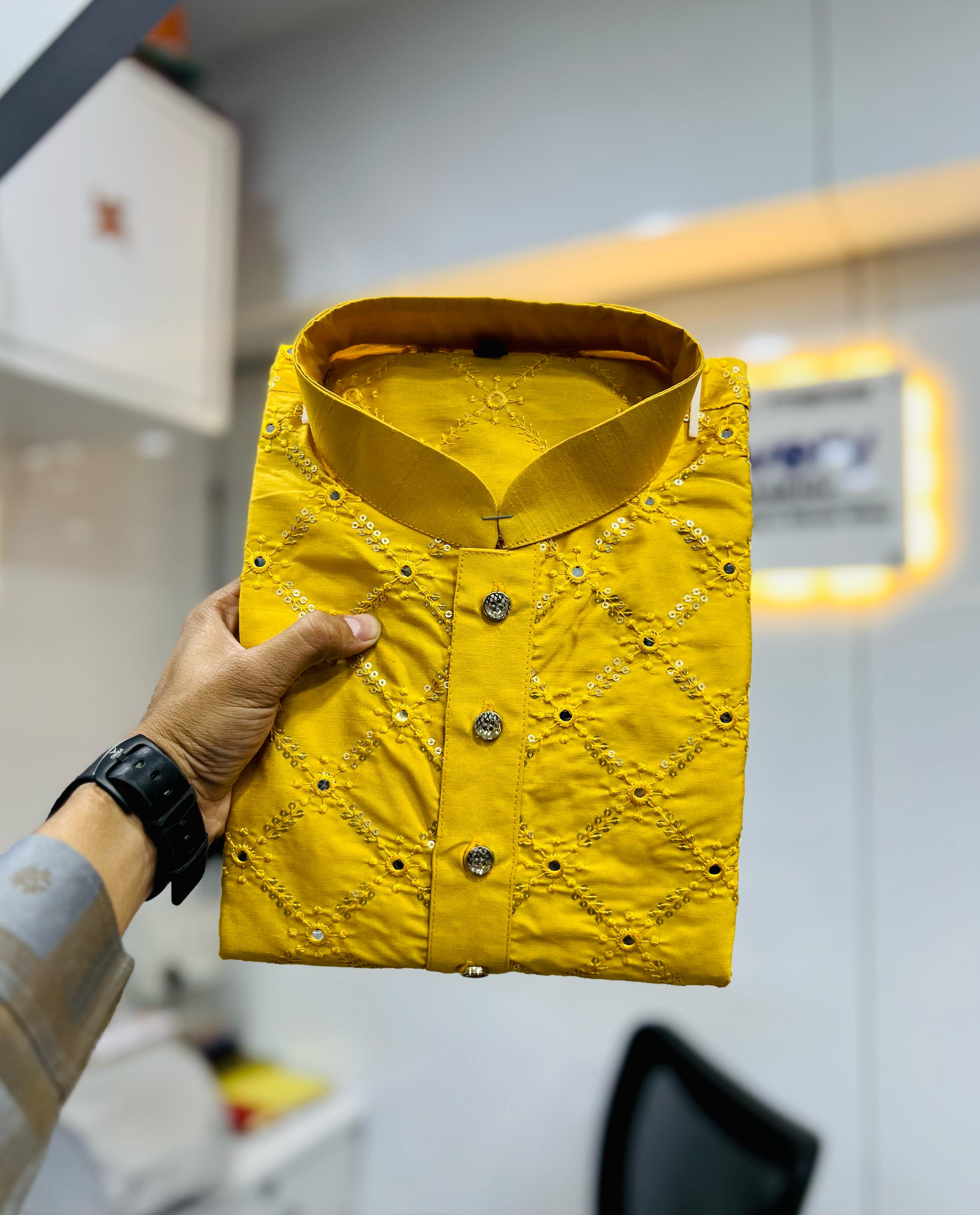 Neera Trendz Yellow Heavy Soft Silk Mirror Work Men's Kurta Pyjama