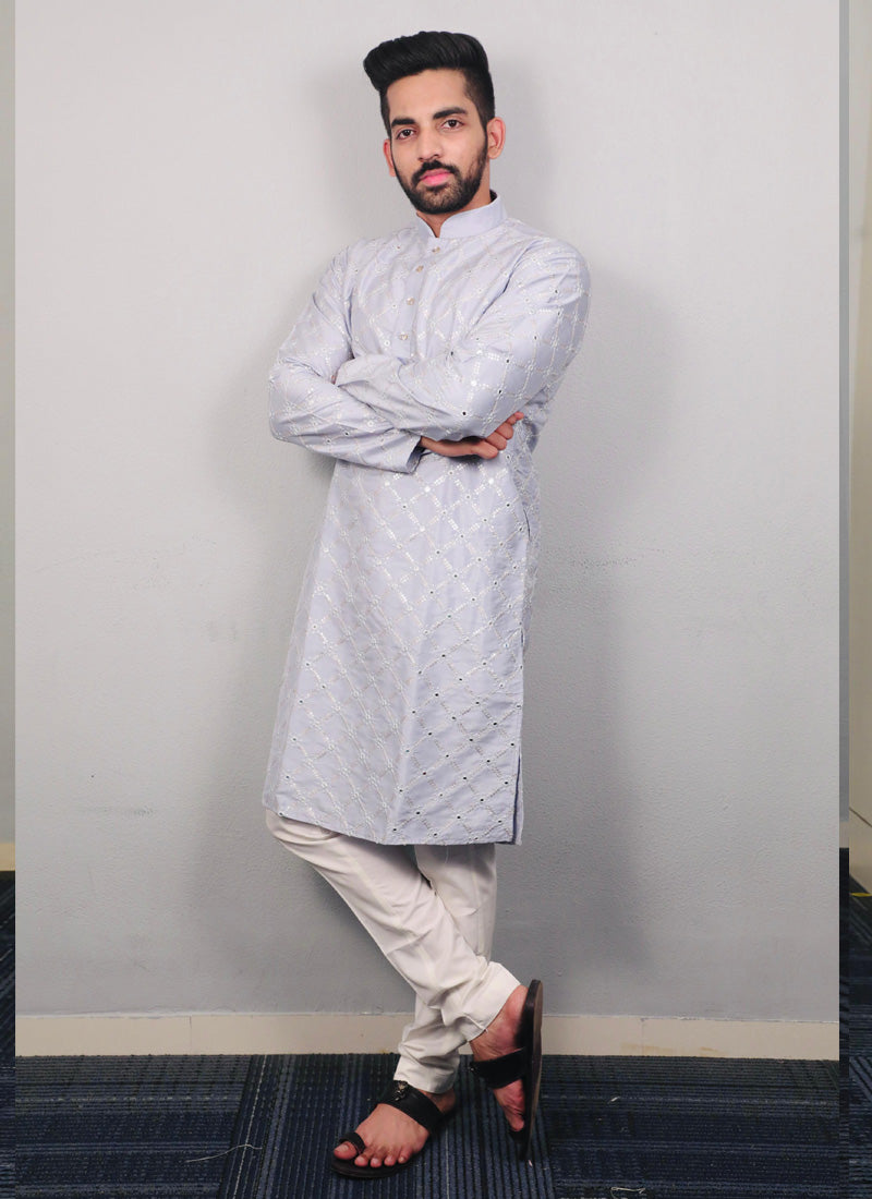 Prazu Fashion Sky Blue Silk Sequence Work Kurta With Pajama