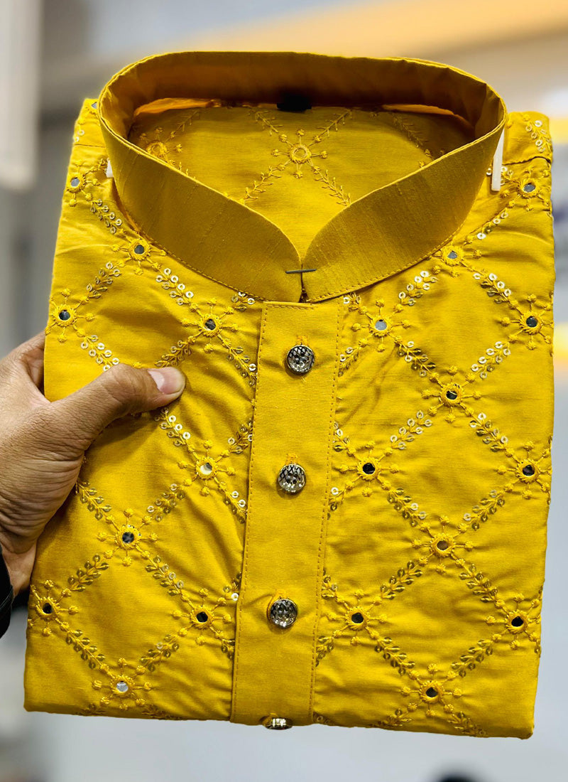 Prazu Fashion Yellow Silk Sequence Work Kurta With Pajama