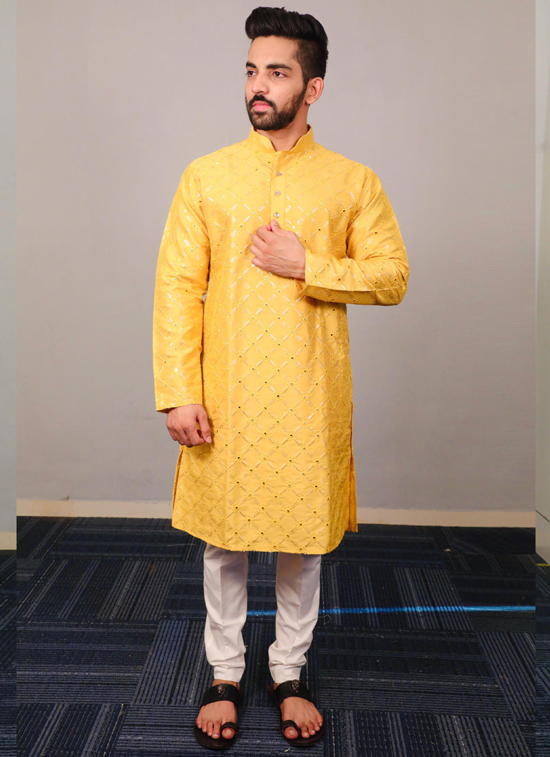 Prazu Fashion Yellow Silk Sequence Work Kurta With Pajama