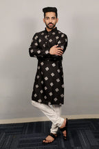 Neera Trendz Black Soft Parbon Silk Embroidered Men's Kurta Pyjama