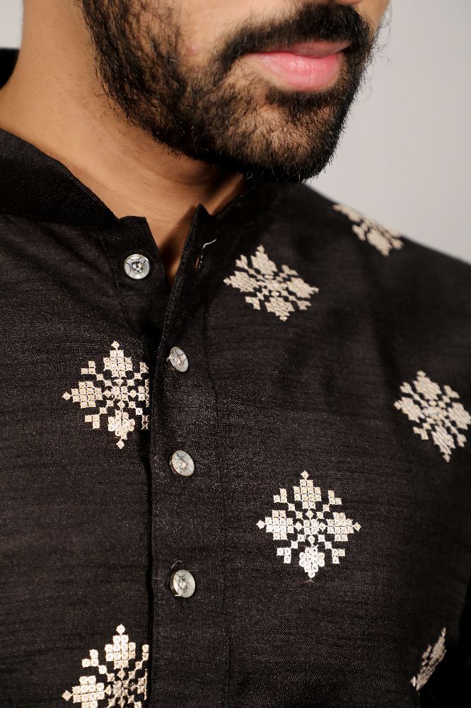 Neera Trendz Black Soft Parbon Silk Embroidered Men's Kurta Pyjama