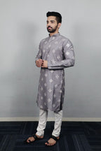 Neera Trendz Grey Soft Parbon Silk Embroidered Men's Kurta Pyjama