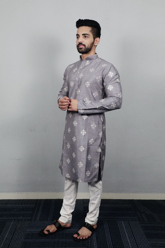 Neera Trendz Grey Soft Parbon Silk Embroidered Men's Kurta Pyjama