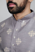 Neera Trendz Grey Soft Parbon Silk Embroidered Men's Kurta Pyjama