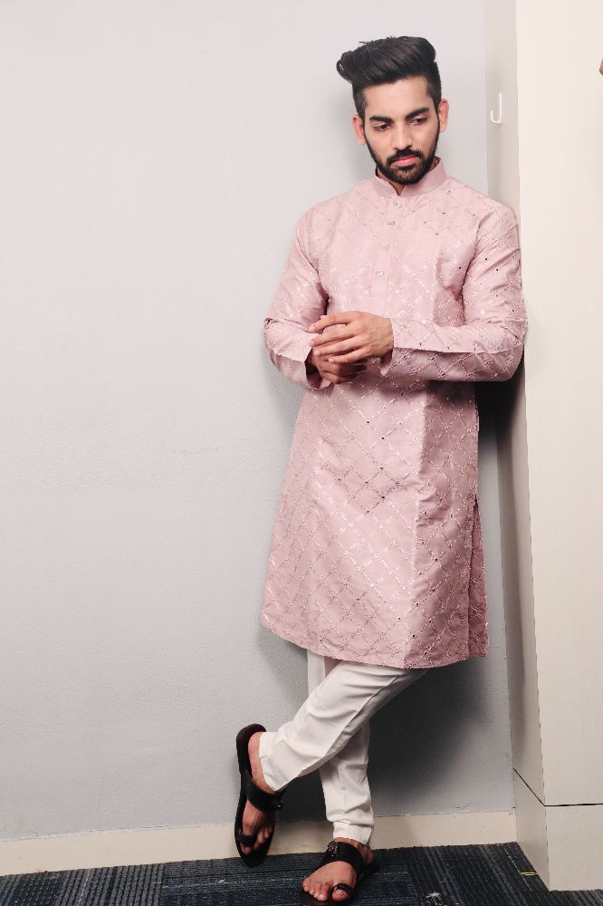 Neera Trendz Light Purple Heavy Soft Silk Mirror Work Men's Kurta Pyjama