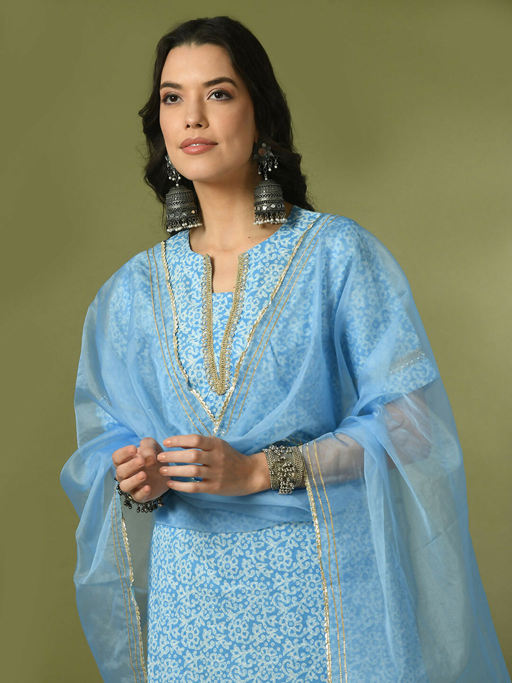 Myshka Women's Blue Printed Cotton Straight Party Kurta Set With Dupatta