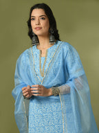Myshka Women's Blue Printed Cotton Straight Party Kurta Set With Dupatta
