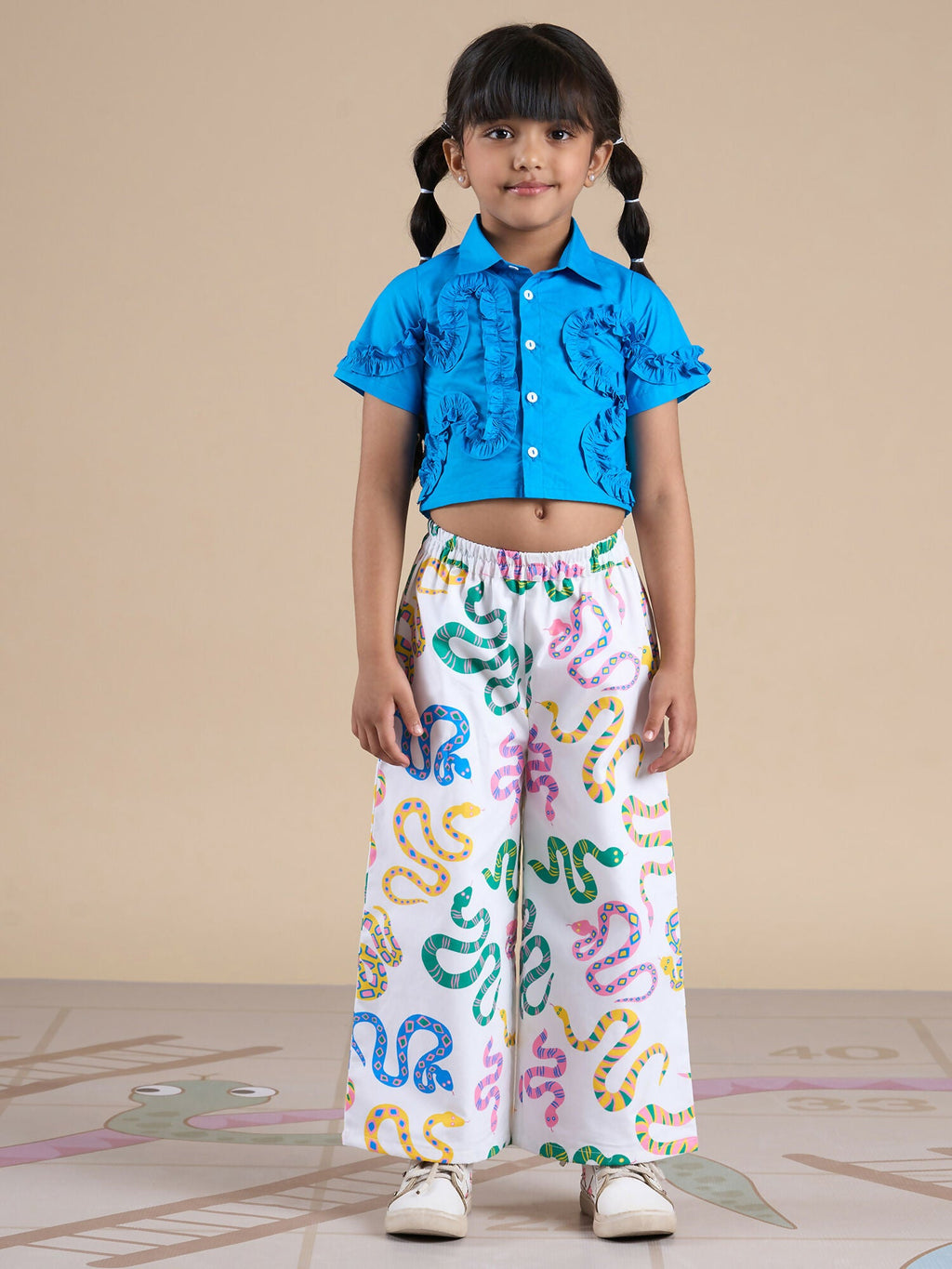 Snakes and Ladders Girls Blue Shirt and Multi Color Snake Print Pant Set from Siblings Collection