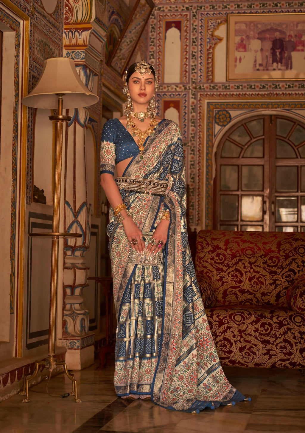 Navy Blue P V Silk Digital Print, Zari Work Printed Saree - Rewaa Parampara