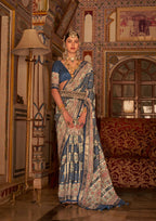 Navy Blue P V Silk Digital Print, Zari Work Printed Saree - Rewaa Parampara
