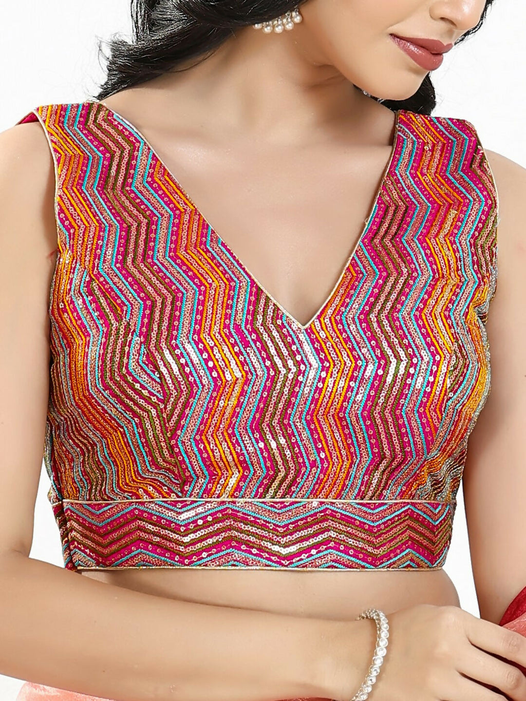 Joban Fashion Pink Multi Silk Padded Blouse With V Neck Sleeveless - Distacart