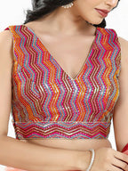 Joban Fashion Pink Multi Silk Padded Blouse With V Neck Sleeveless - Distacart