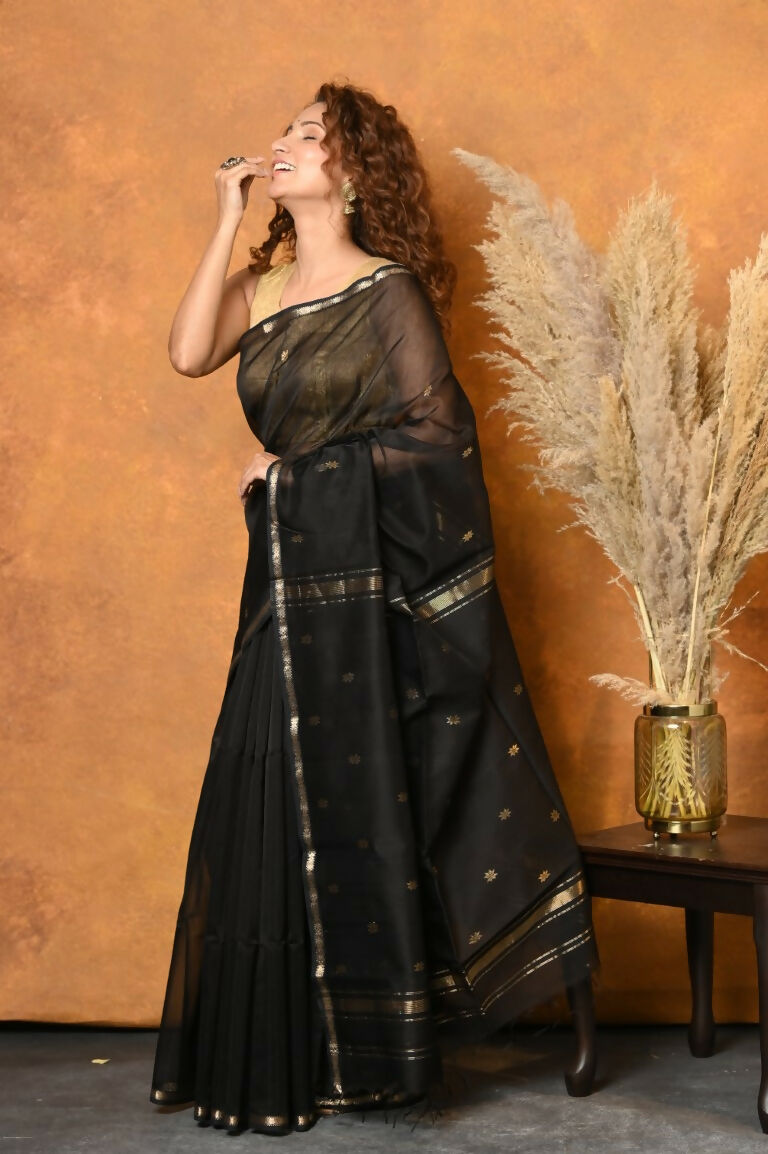 Very Much Indian Handloom Pure Cotton Silk Saree With Sleek Golden Border - Black
