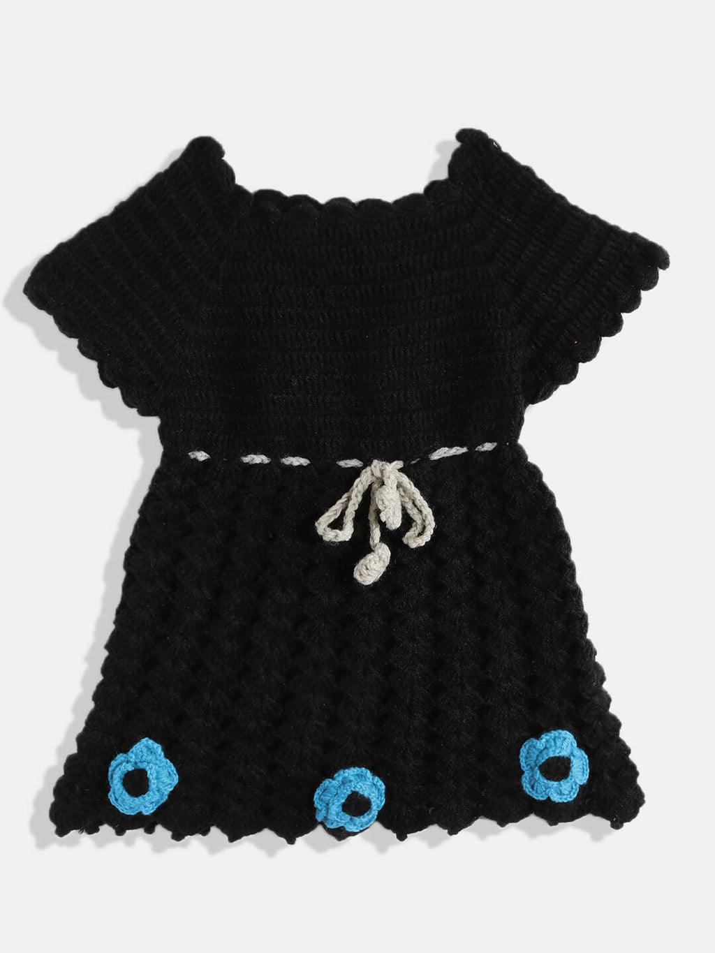 Chutput Kids Woollen Hand Knitted Full Sleeves Cardigan With Short Sleeves Flower Work Dress For Baby Girls - Grey