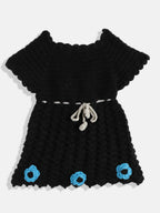 Chutput Kids Woollen Hand Knitted Full Sleeves Cardigan With Short Sleeves Flower Work Dress For Baby Girls - Grey