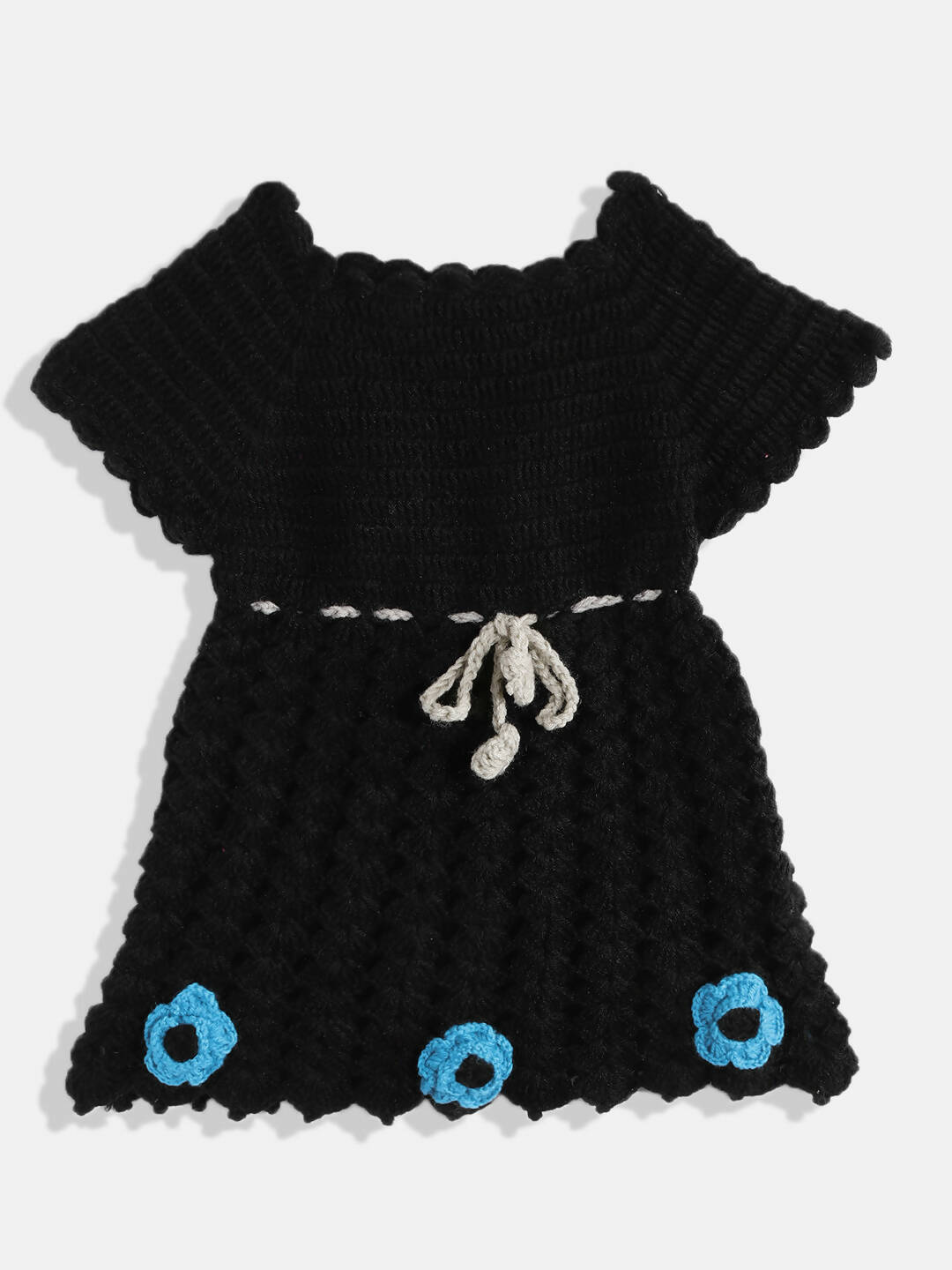 Chutput Kids Woollen Hand Knitted Full Sleeves Cardigan With Short Sleeves Flower Work Dress For Baby Girls - Grey