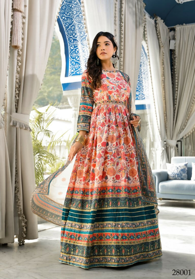 Wedding Designer Multi Soft Dola Silk Anarkali suit with Dupatta - Sanj