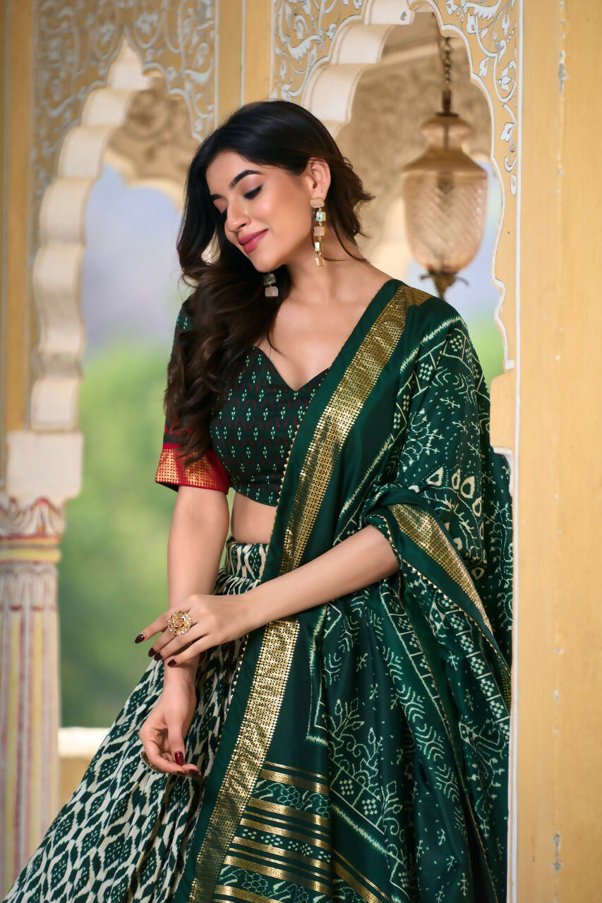 Vastranavya Designer Ikkat Print With Foil Work Lehenga Choli - Green