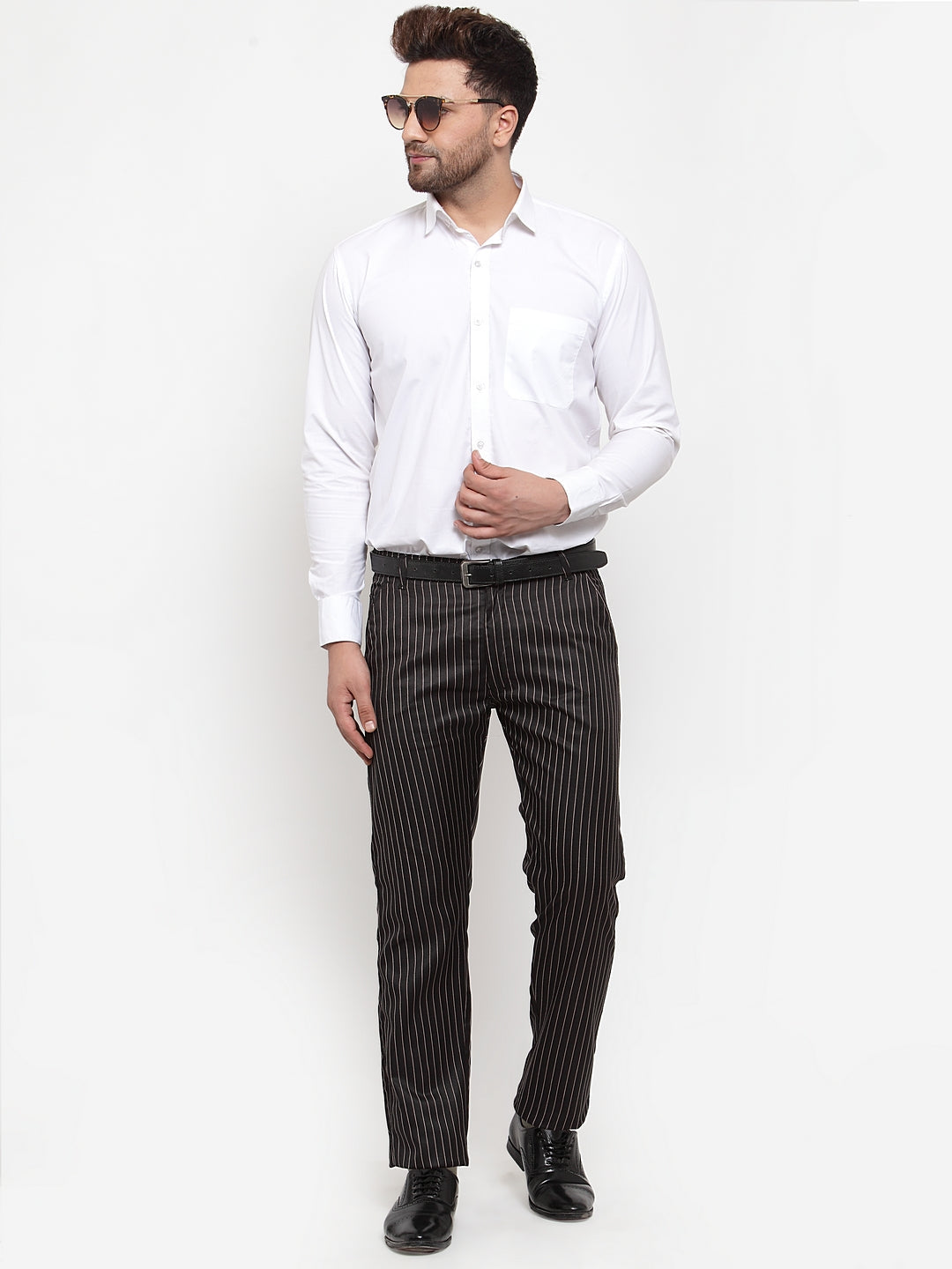 Jainish Men's Black Cotton Striped Formal Trousers ( FGP 255Black ) - Distacart