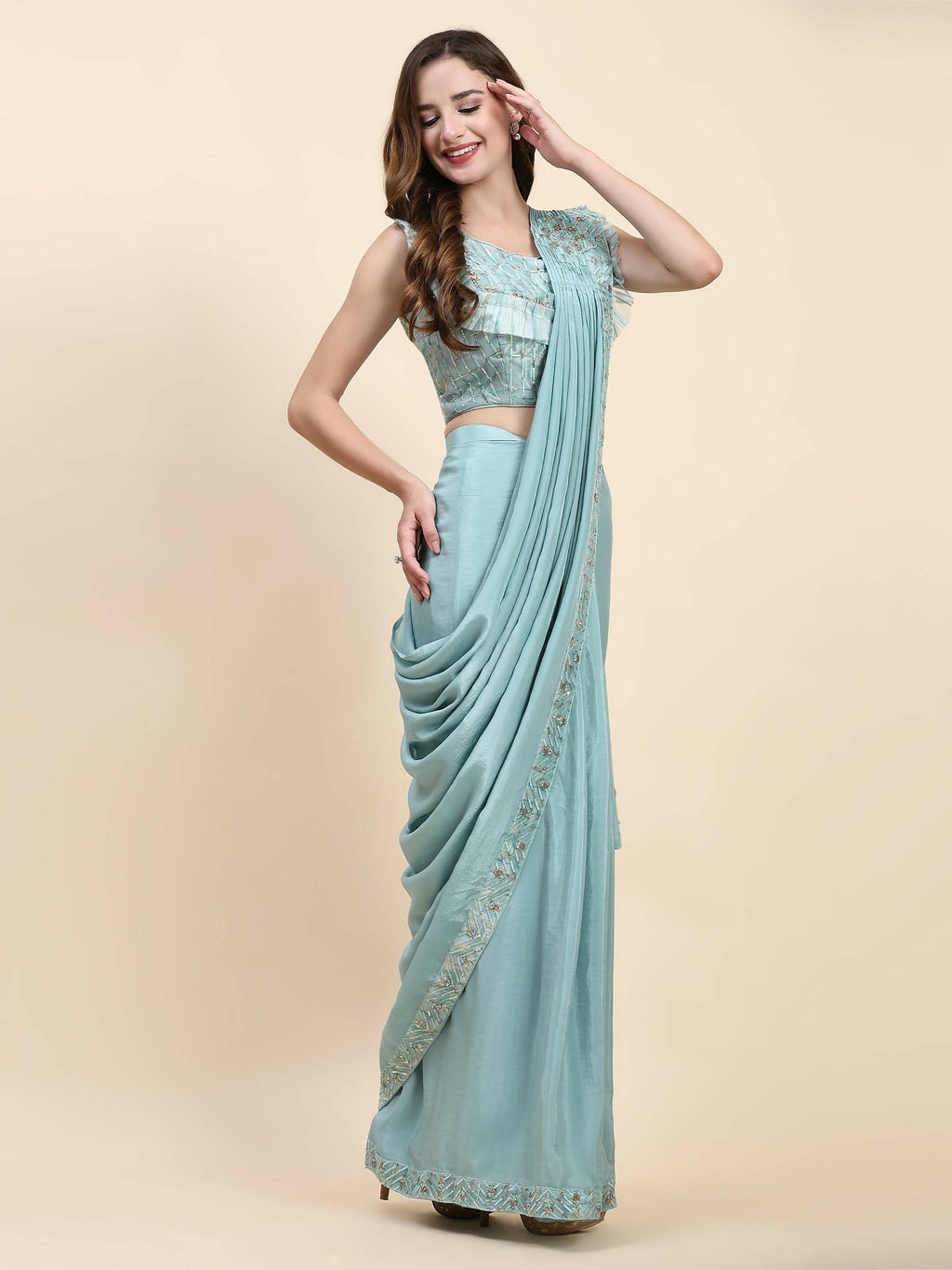 Sky Blue Silk Satin Solid Ready to wear Saree with stitched Blouse - Satiksha